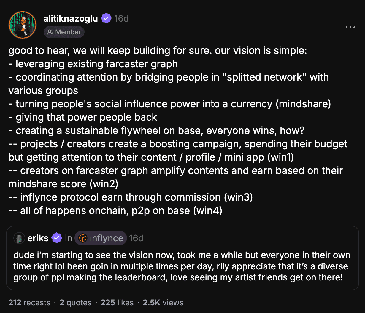 Tweet about Inflynce's vision